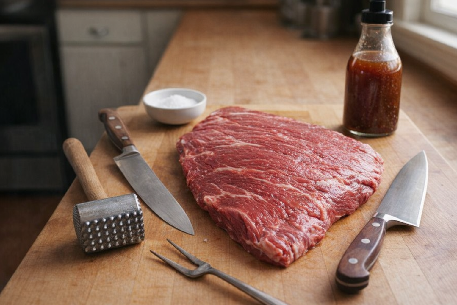 A butcher's block with a raw flank steak, a meat mallet, a fork, a sharp knife, a bowl of salt, and a bottle of marinade. Soft, diffused lighting.